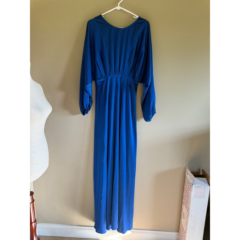 Fashion Nova Royal Blue Pleated Maxi Dress Dolman Sleeve Formal Gown Small